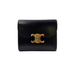 Celine Triomphe Small Flap Leather Black Wallet Gold