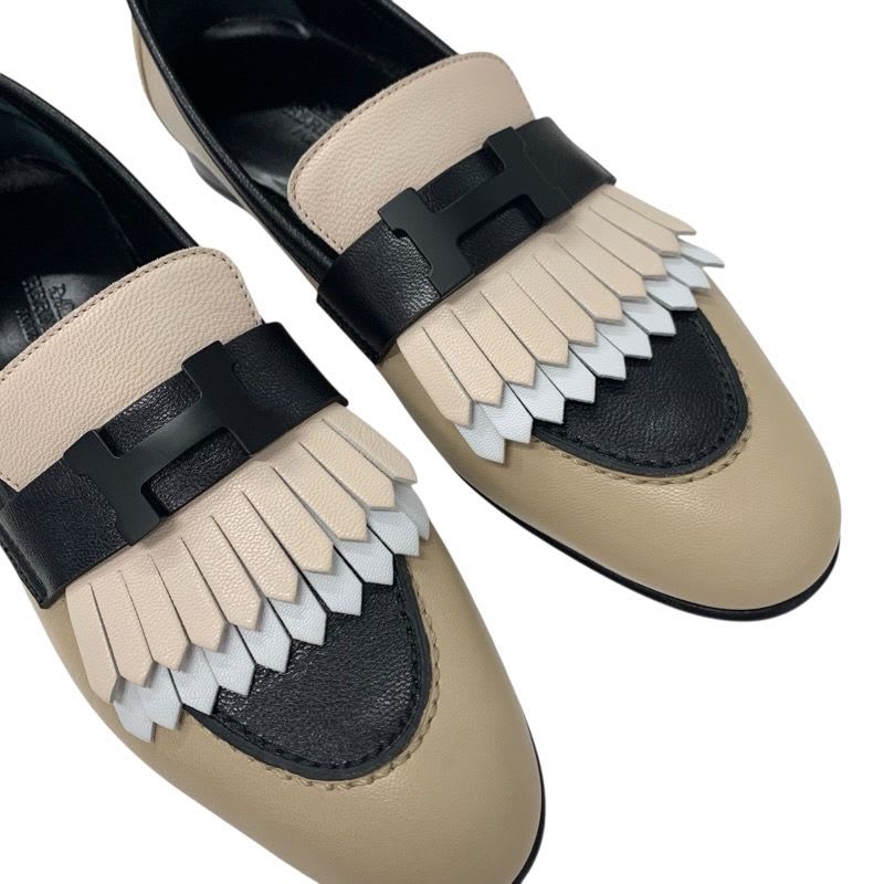 Hermes Royal Loafer Leather Shoes Beige Black White Hhardware Constance — view 9