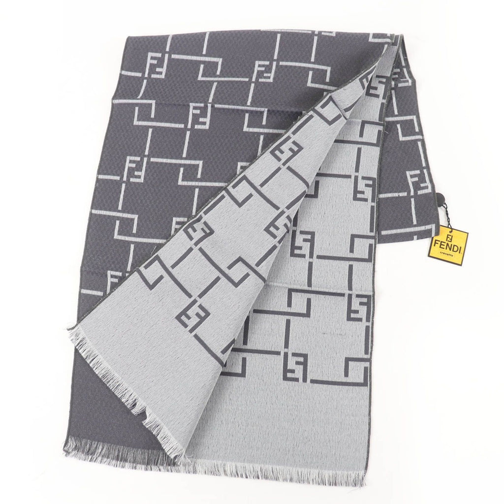 Fendi Wool Angora Blend FF Pattern with Fringe Shawl Scarf Gray — view 3