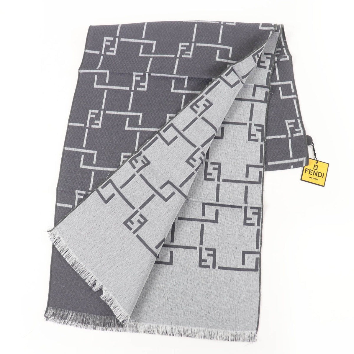 Fendi Wool Angora Blend FF Pattern with Fringe Shawl Scarf Gray — view 3