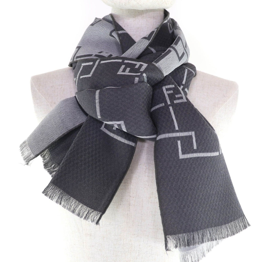 Fendi Wool Angora Blend FF Pattern with Fringe Shawl Scarf Gray — view 4
