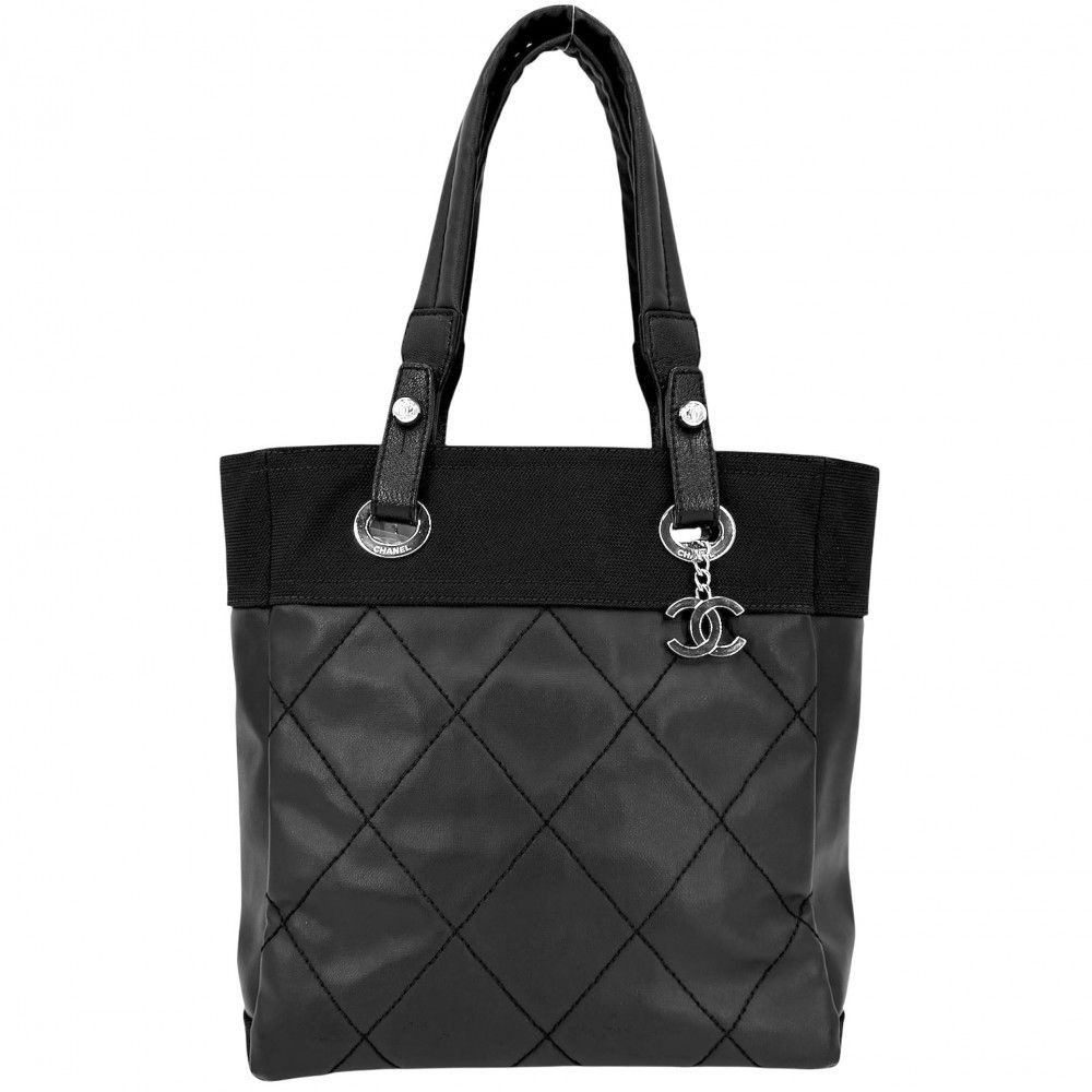 Chanel Handbag Paris Biarritz Tote PM CC Logo Canvas Leather Black Silver