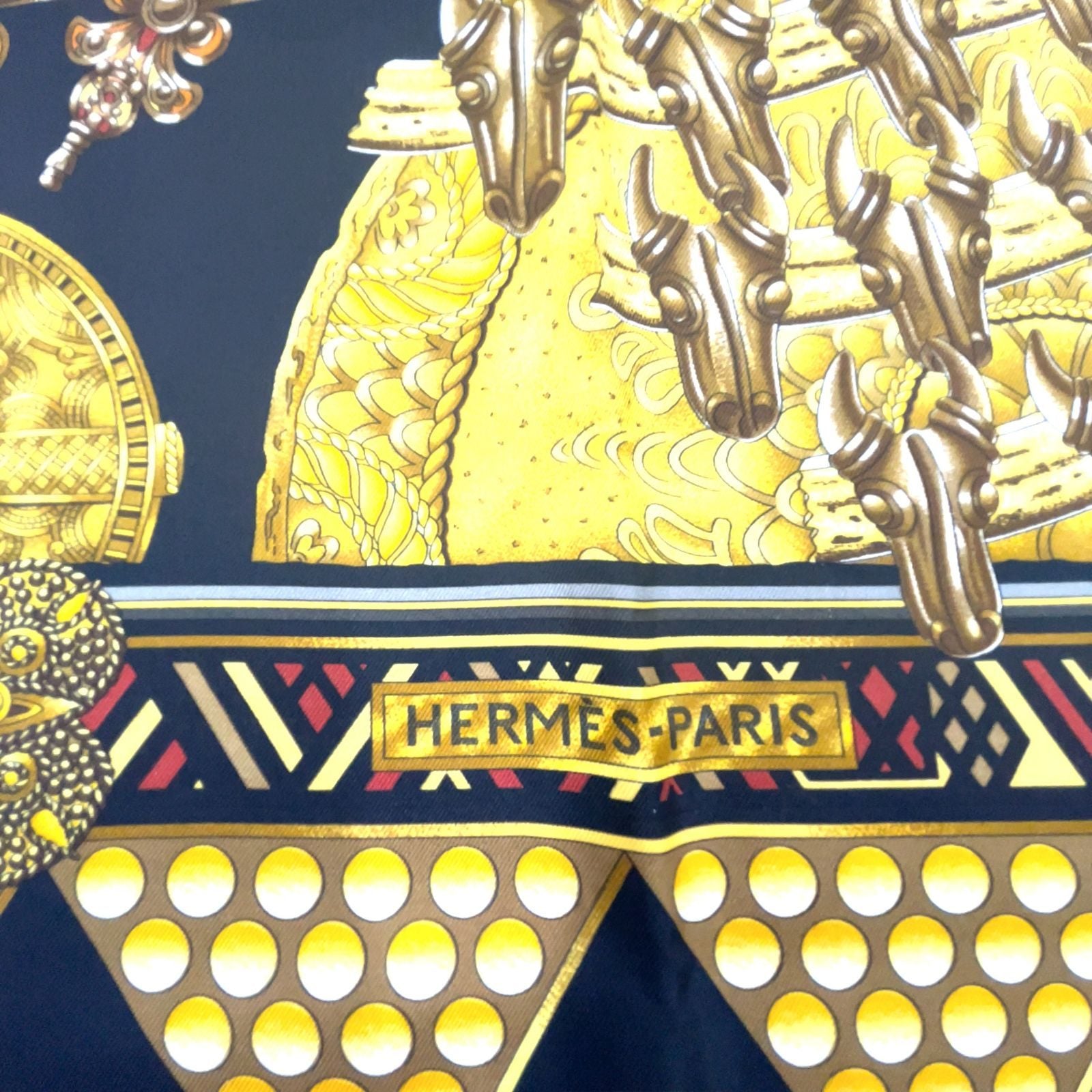 Hermes Carre 90 L'or Des Chefs Silk Yellow Navy Scarf — view 2