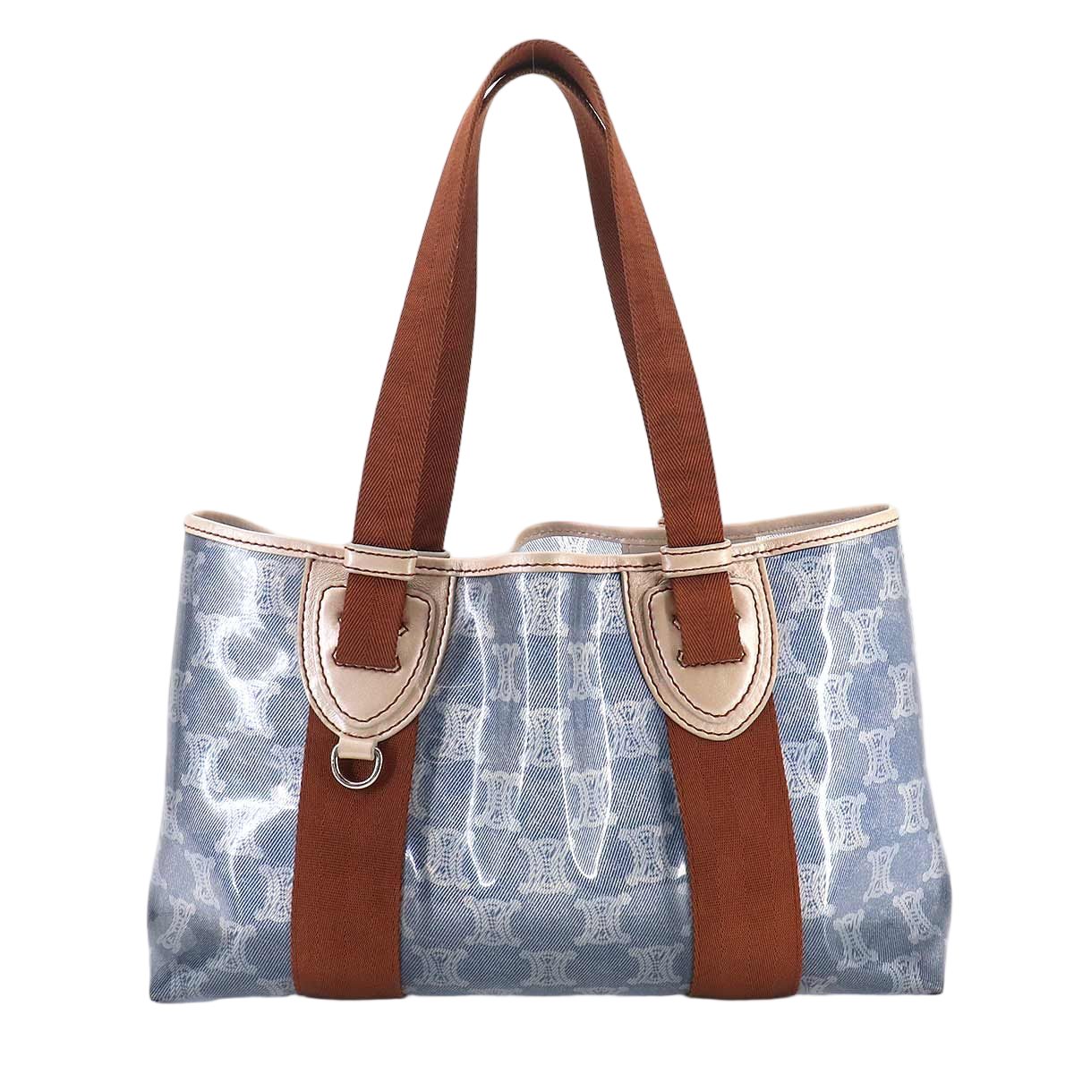 Celine Macadam Tote Vinyl Canvas Leather Blue Brown Vintage