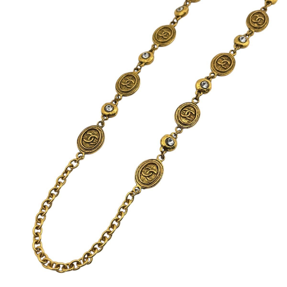 Chanel CC Logo Rhinestone Necklace Long Gold Plated