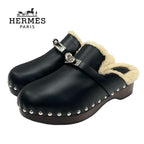 Hermes Carlotta Sandals Shoes Leather Shearling Wood Black Silver Sabot Mule