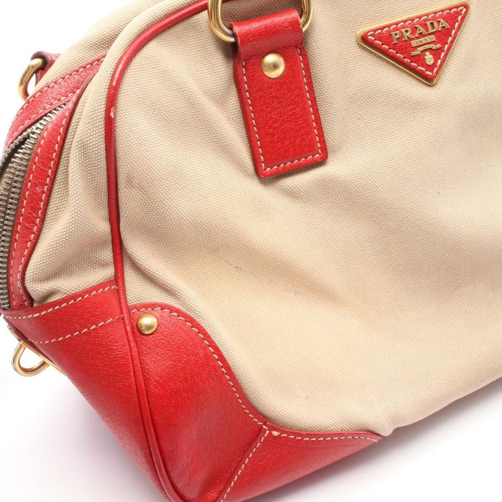 Prada Handbag 2-Way Beige Red Canvas Leather Shoulder — view 7