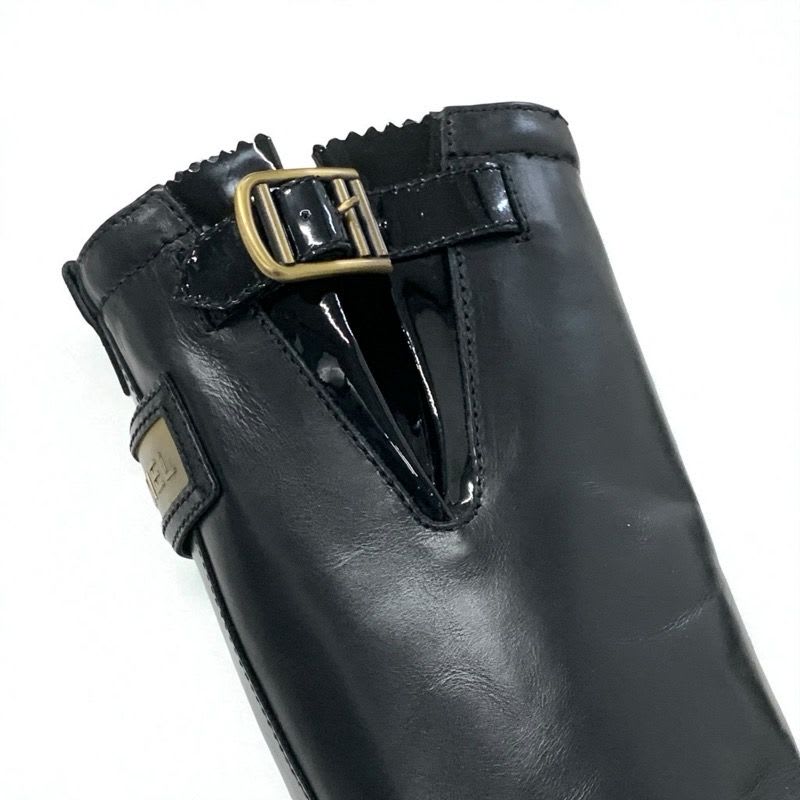 Chanel Boots Long Shoes Leather Patent Black Gold Logo — view 9