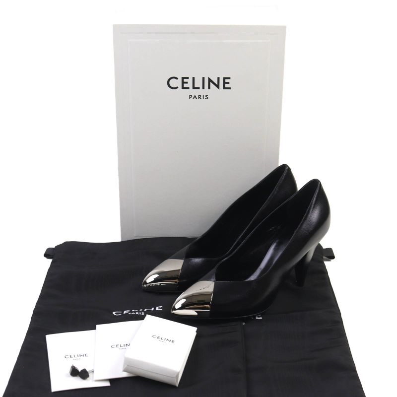 Celine Metal Toe Leather Pumps Black Silver 35 Storage With Bag — view 2