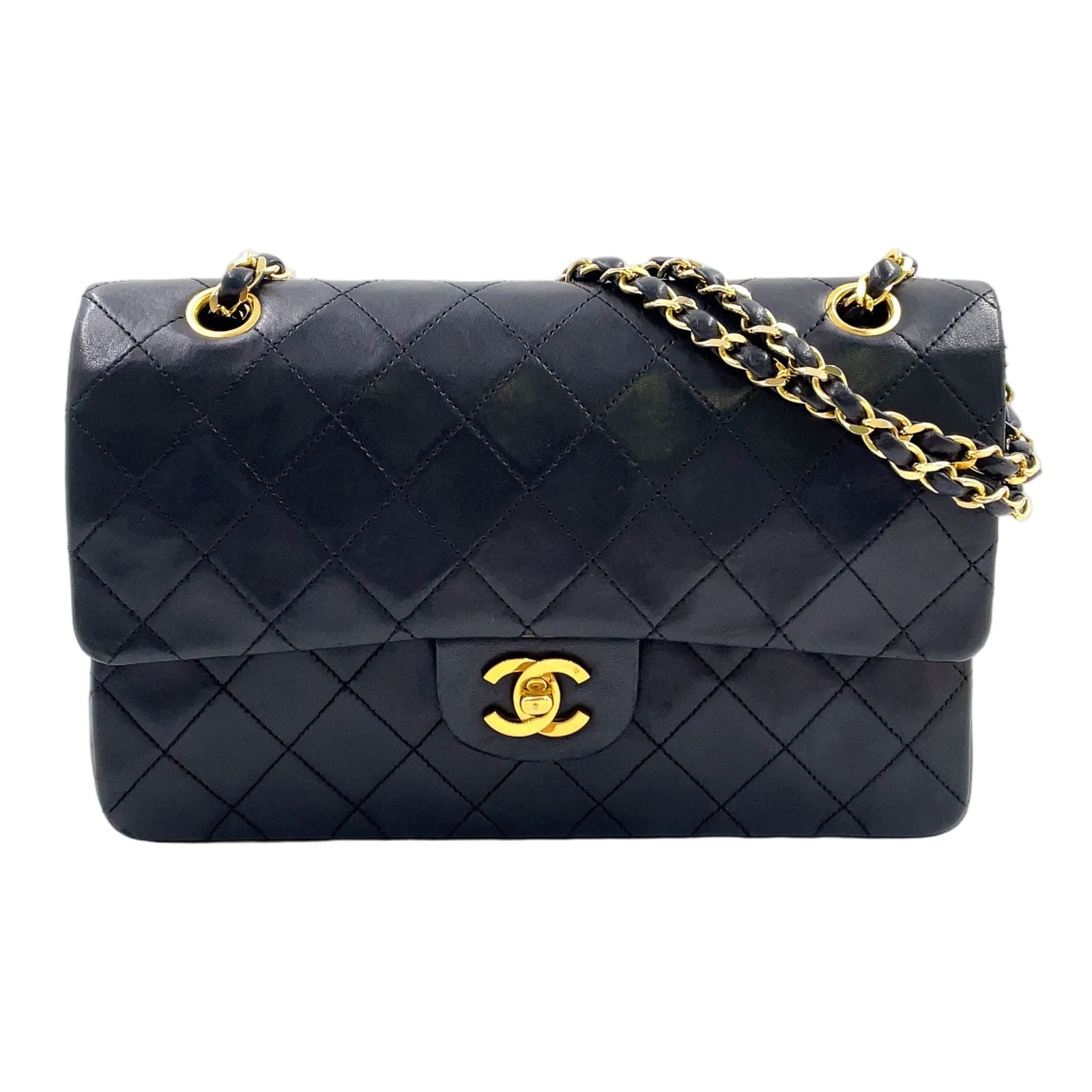 Chanel Quilted Double Flap Lambskin Black Chain Shoulder Bag Gold