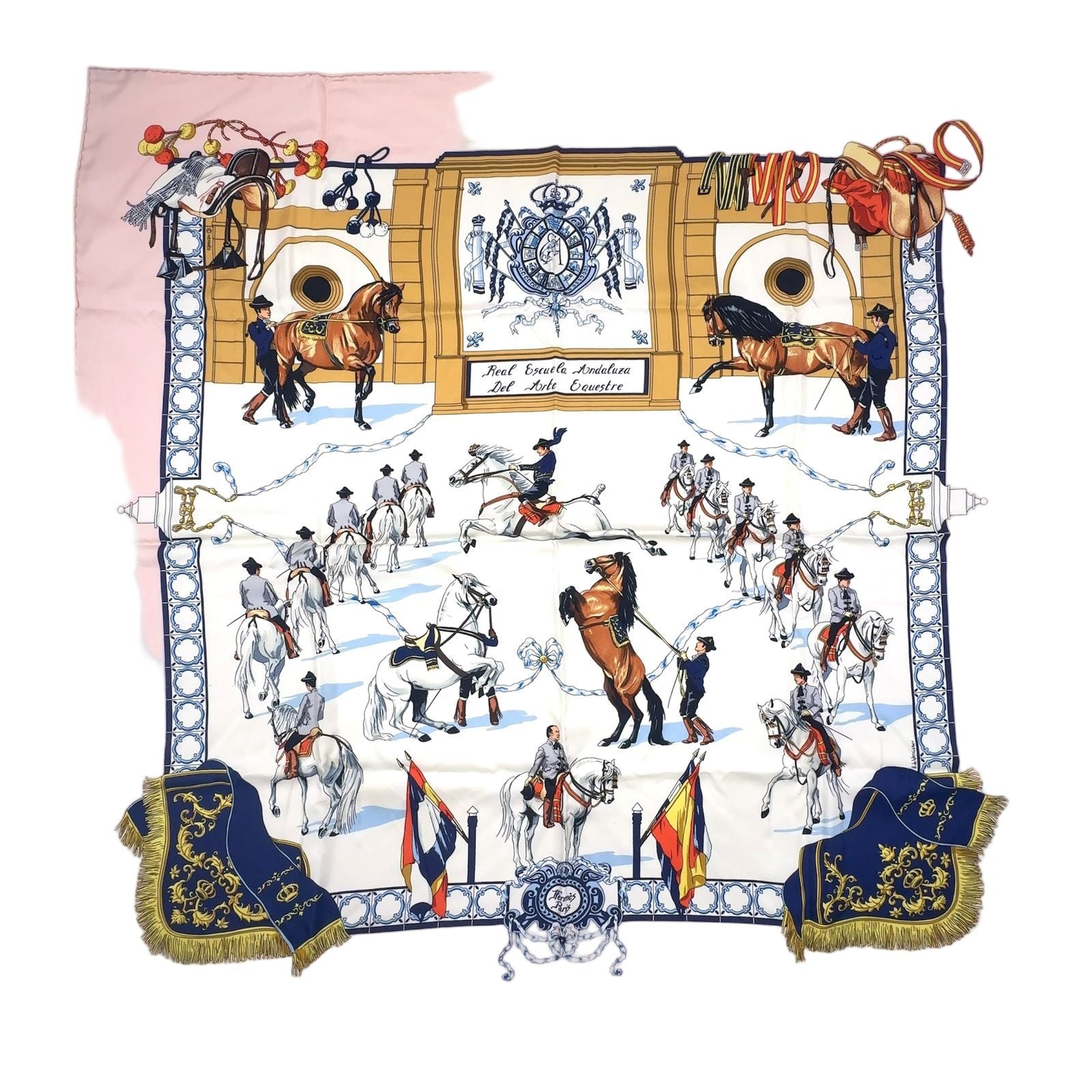 Hermes Carre 90 Real Escuela Andaluza Del Arte Ecuestre Silk White Light Pink