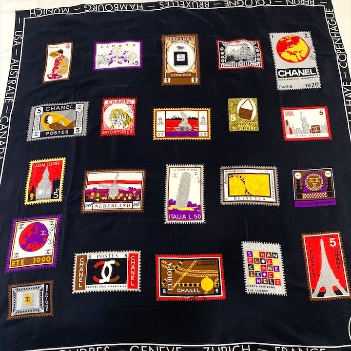 Chanel CC Logo Large Scarf Silk Worl Pattern Black Red White — view 7