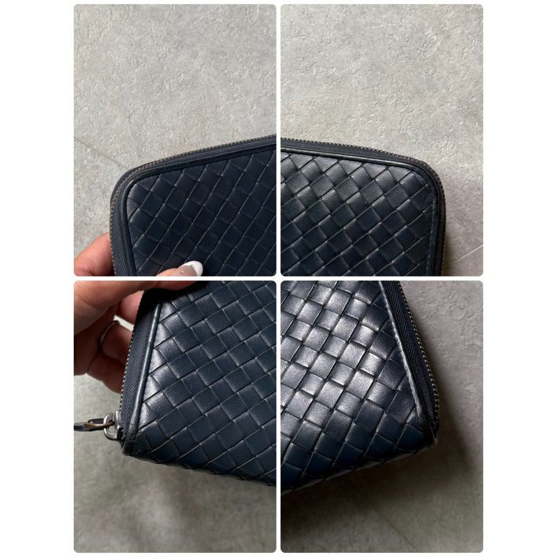 Bottega Veneta Round Zipper Long Wallet Intrecciato Calf Leather Navy — view 3