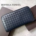 Bottega Veneta Round Zipper Long Wallet Intrecciato Calf Leather Navy