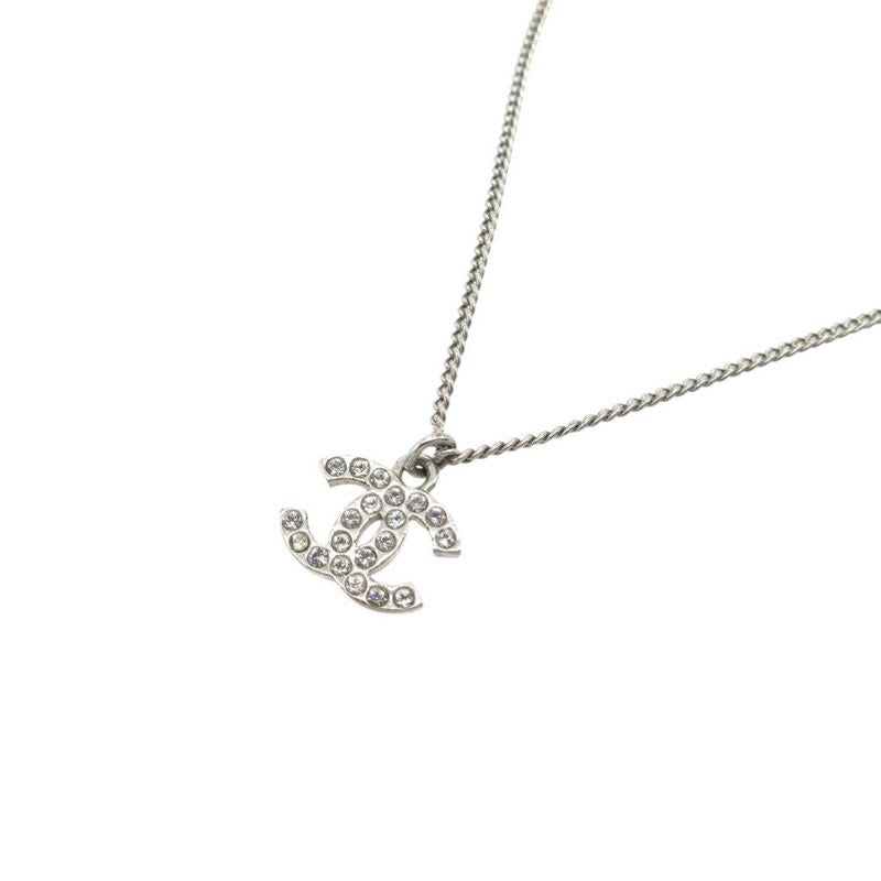 Chanel Coco Mark C12 V Necklace Metal Rhinestone Silver 0548