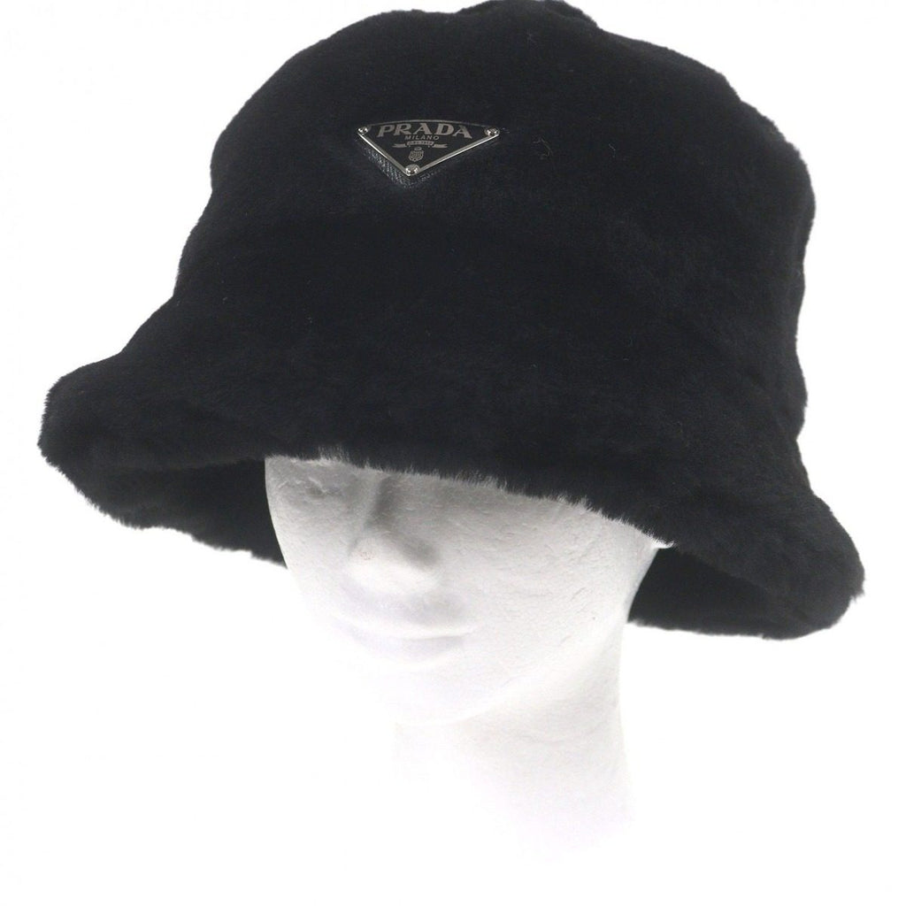 Prada Made Sheepskin Dyed Fur Triangle Logo Bucket Hat Black XL