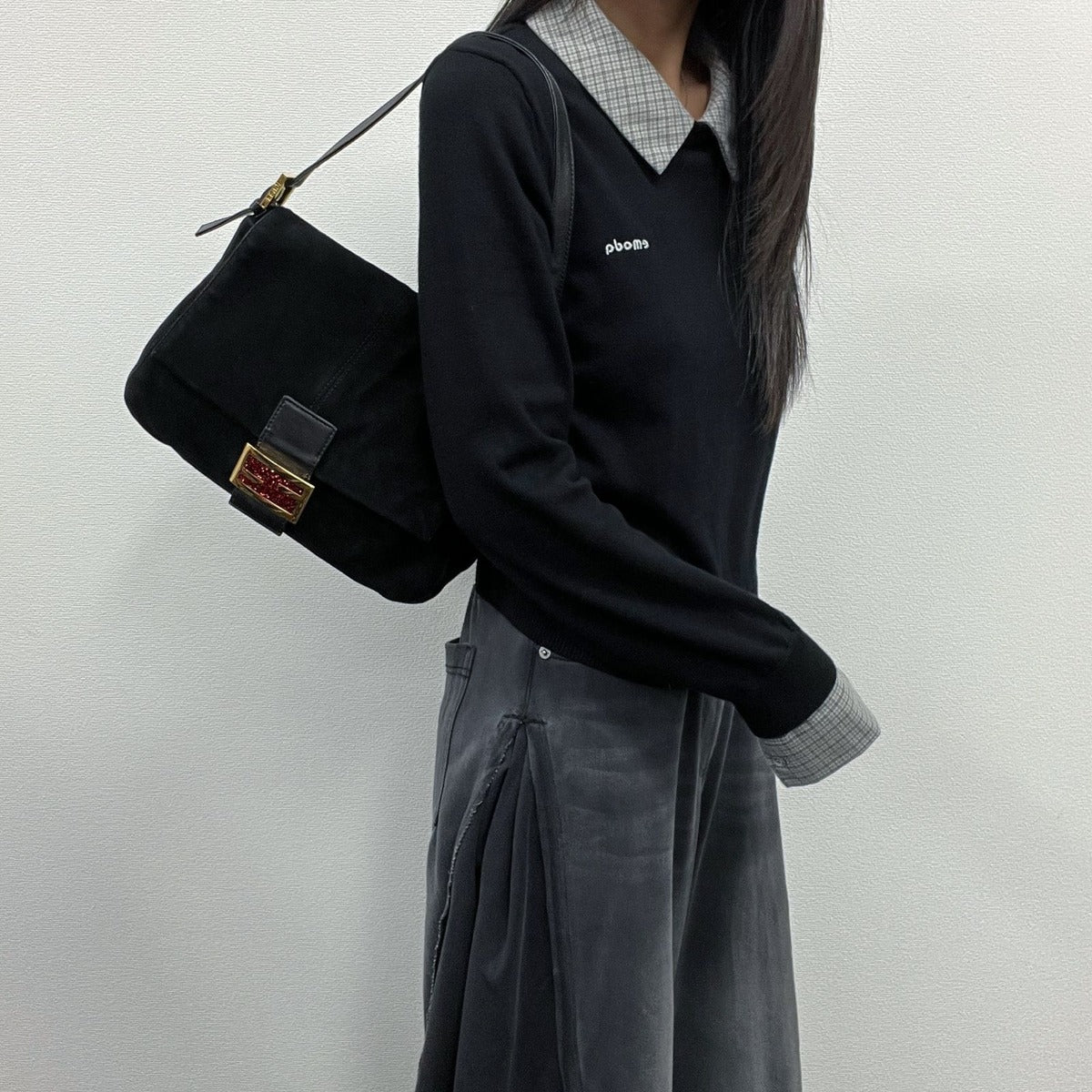 Fendi Mamma Bucket Shoulder Bag Black Suede Vintage