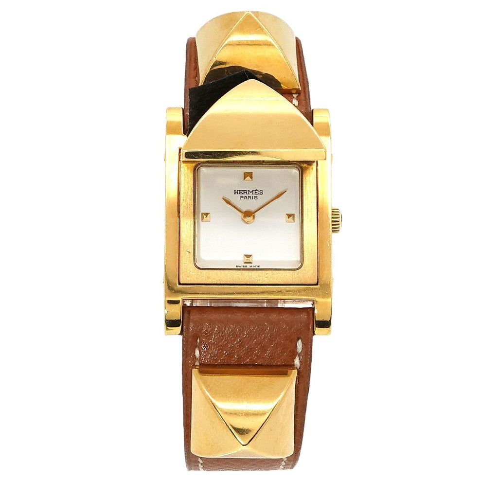 Hermes Medor Vintage Watch Pyramid Gold Studs White Brown Quartz