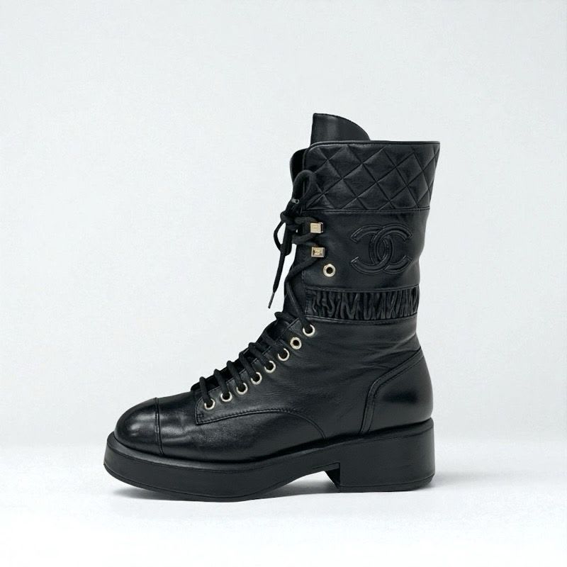 Chanel Boots Short Shoes Leather Black Coco Mark Quilted Lace Up Middle — view 3