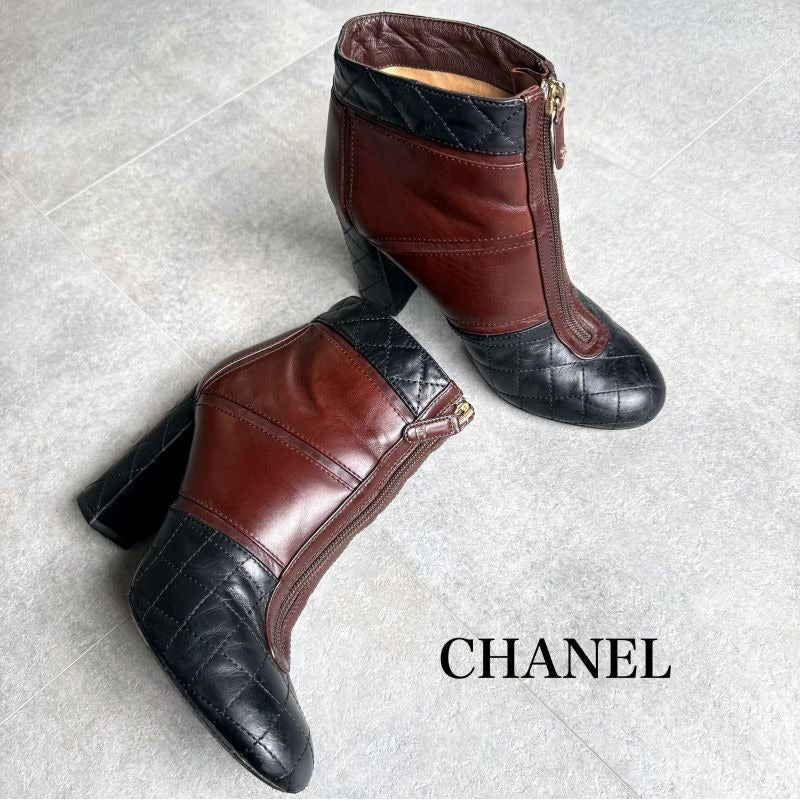 Chanel Quilted Coco Mark Zip Up Boots Leather Brown Black Bicolor 37 C