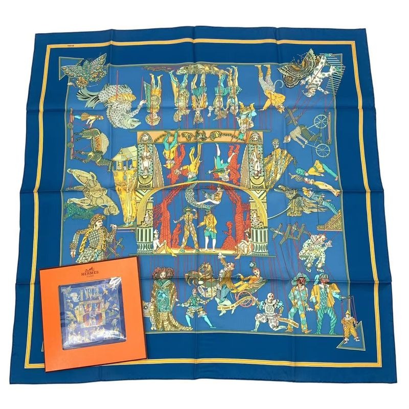 Hermes Carre 90 LE Temps Des Marionnettes Marionette Time Silk Scarf Blue