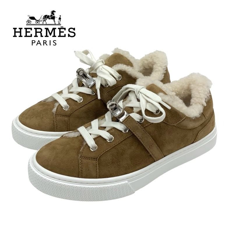 Hermes Day Sneakers Shoes Suede Mouton Brown Silver Kelly Hardware Shearling