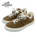 Hermes Day Sneakers Shoes Suede Mouton Brown Silver Kelly Hardware Shearling