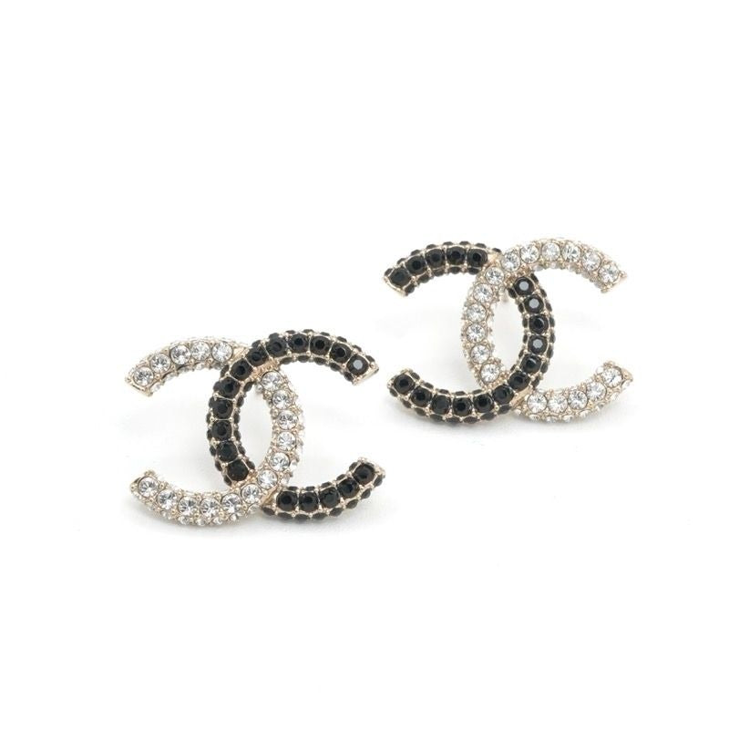 Chanel Earrings Gold Black CC Logo Rhinestone