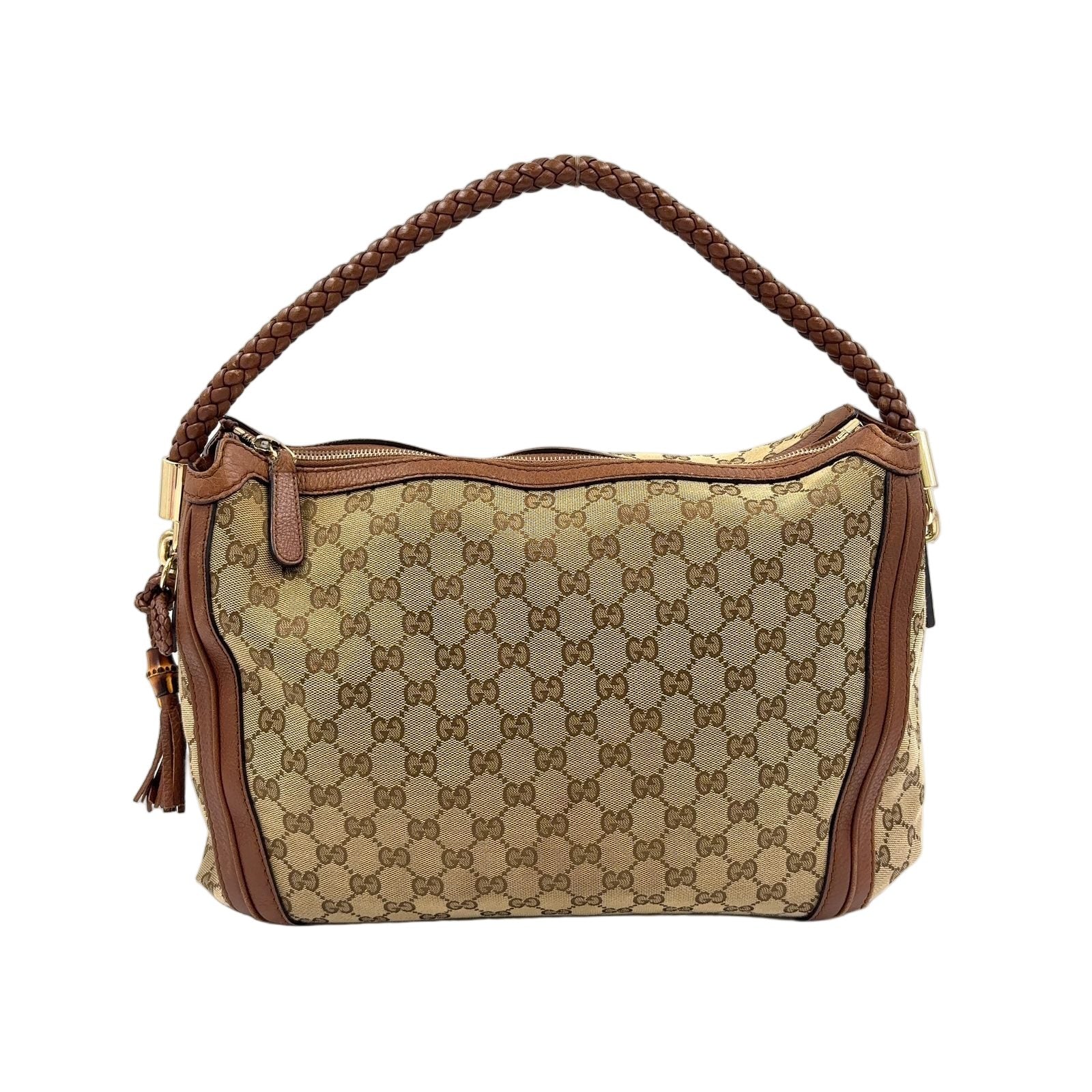 Gucci Bella Bamboo Tassel Leather Canvas Beige Light Brown Shoulder Bag Gold