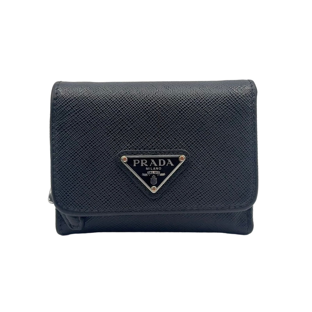 Prada Saffiano Triangle Leather Black Trifold Wallet Silver