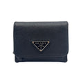 Prada Saffiano Triangle Leather Black Trifold Wallet Silver