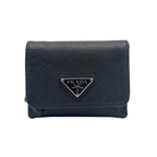 Prada Saffiano Triangle Leather Black Trifold Wallet Silver
