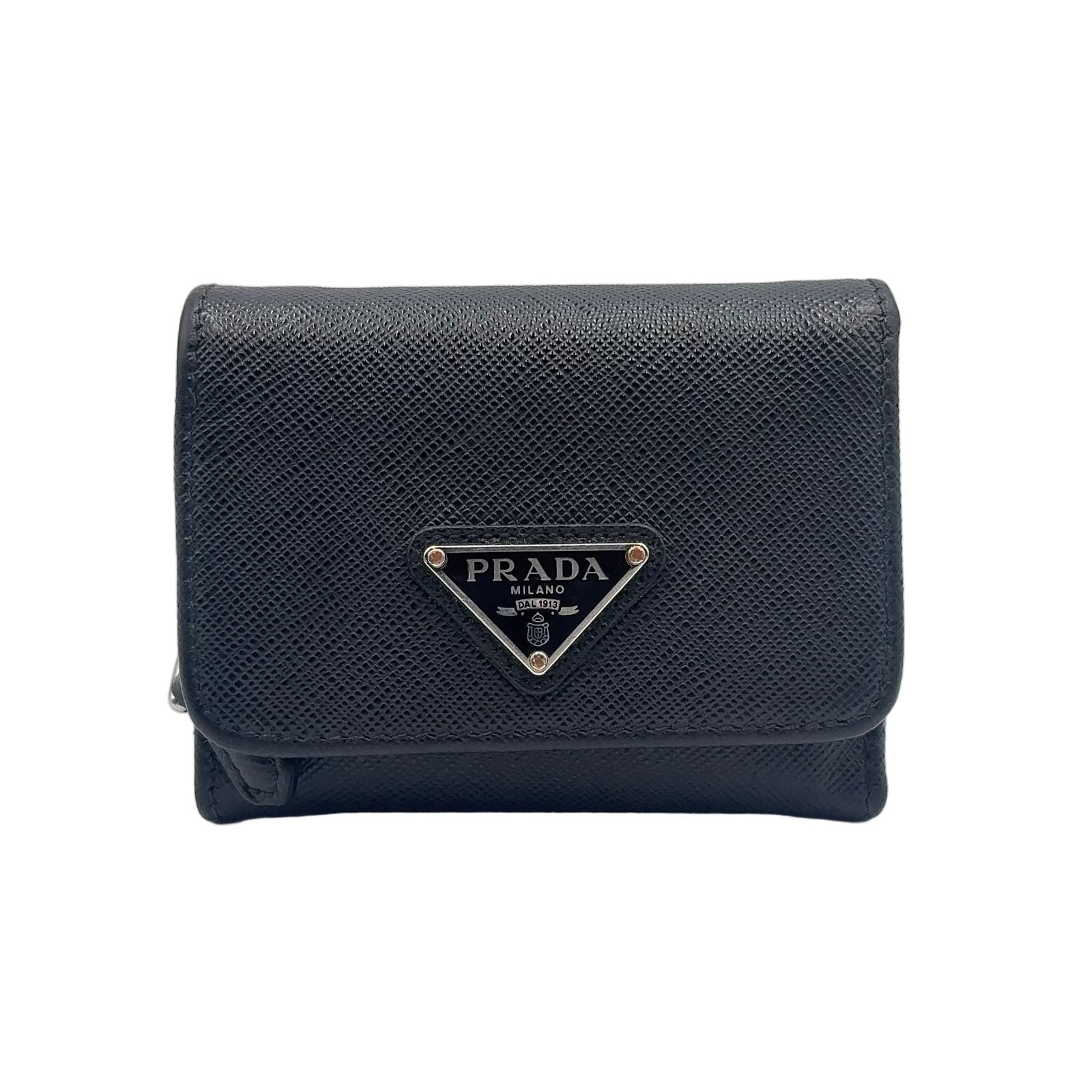 Prada Saffiano Triangle Leather Black Trifold Wallet Silver