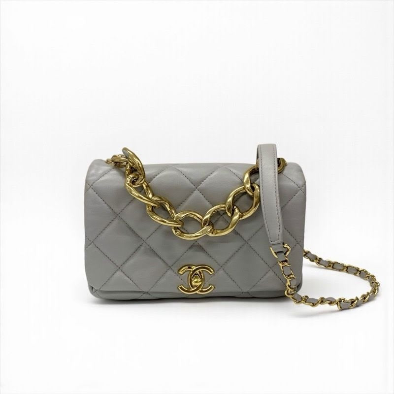 Chanel Bag Shoulder Gray Gold Mini Quilted Lambskin Turnlock