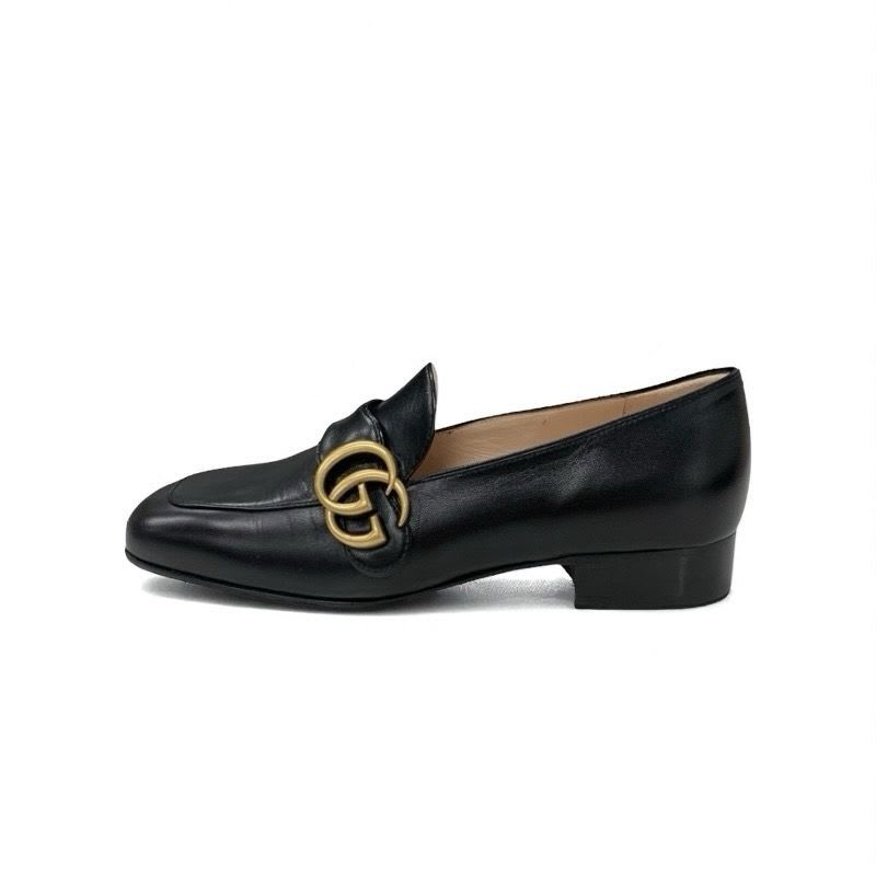 Gucci Double G Loafers Leather Shoes Black Gold GG Marmont — view 3