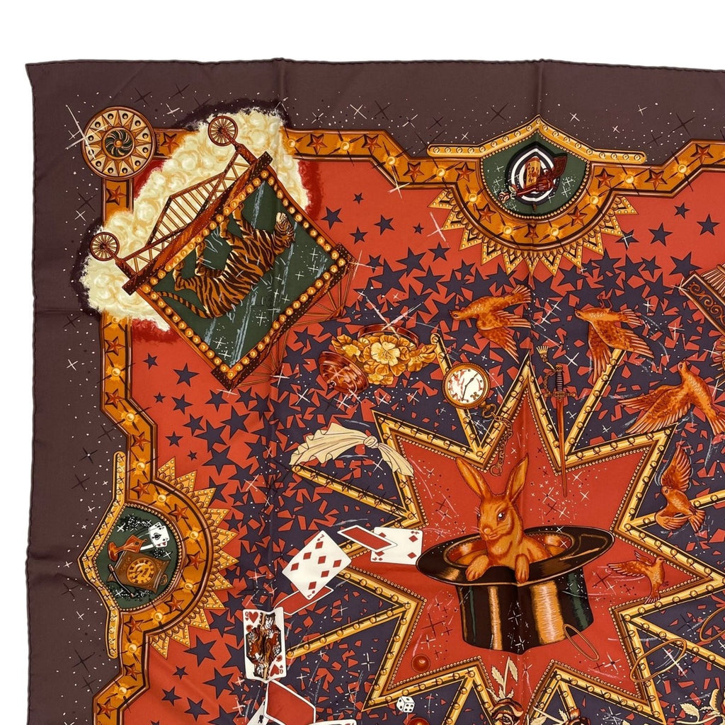 Hermes Silk Carre 90 la Magie Magic Rabbit Pigeon Clown Brown — view 2
