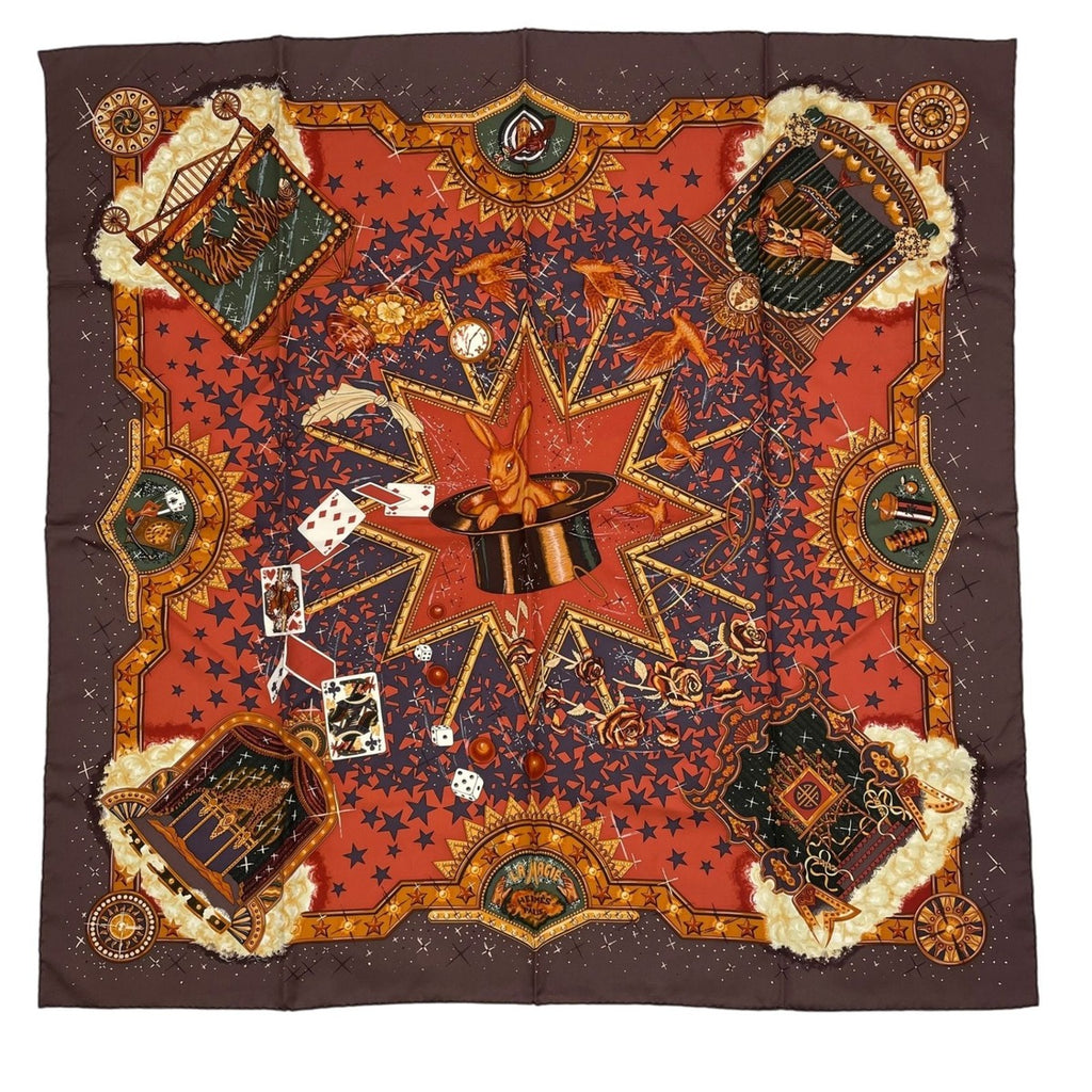 Hermes Silk Carre 90 la Magie Magic Rabbit Pigeon Clown Brown