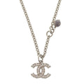Chanel Coco Mark Metal Rhinestone Faux Pearl Silver Necklace 0470