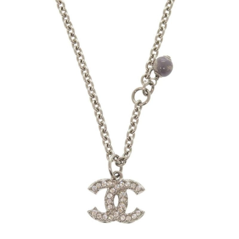 Chanel Coco Mark Metal Rhinestone Faux Pearl Silver Necklace 0470 — view 2