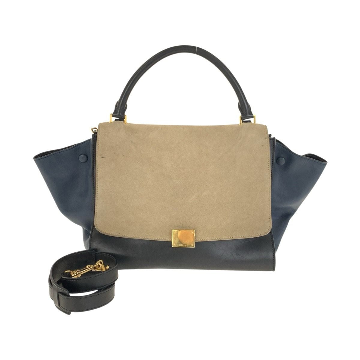 Celine Trapeze Navy Beige Gold Leather 2-Way Shoulder Bag
