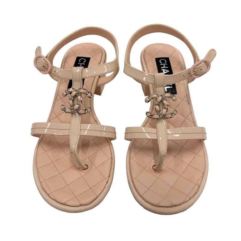 Chanel Sandals Shoes Patent Leather Pink Coco Mark Quilted Thong — view 2