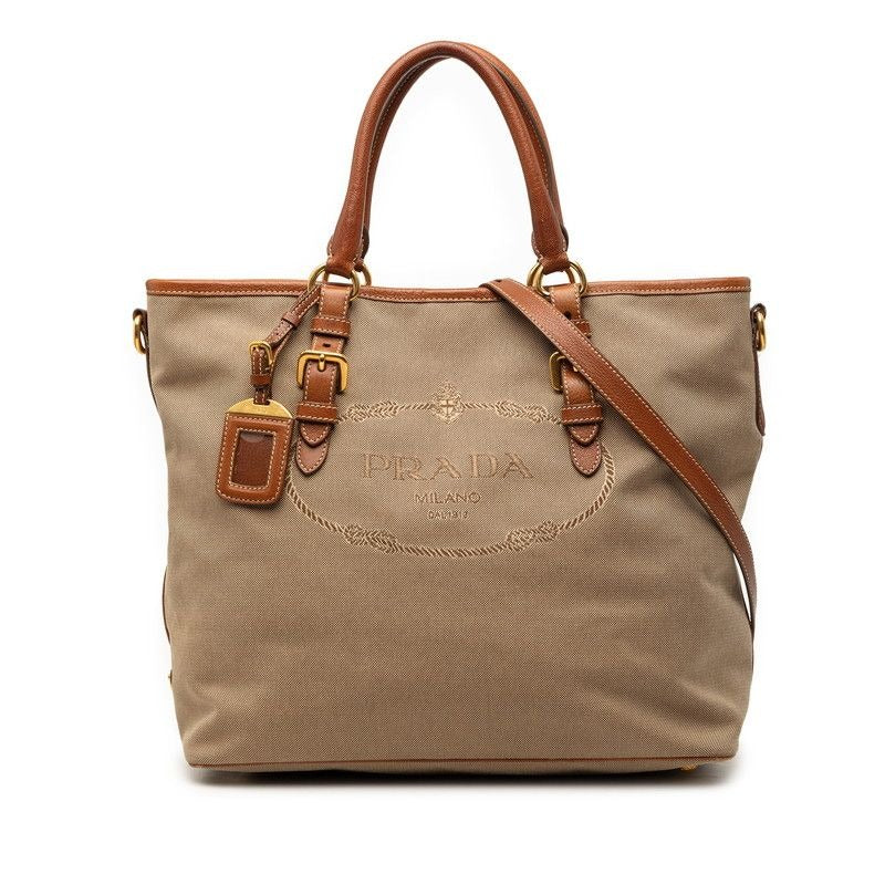 Prada Logo Jacquard Tote Shoulder Bag 2-Way Beige Brown Canvas Leather