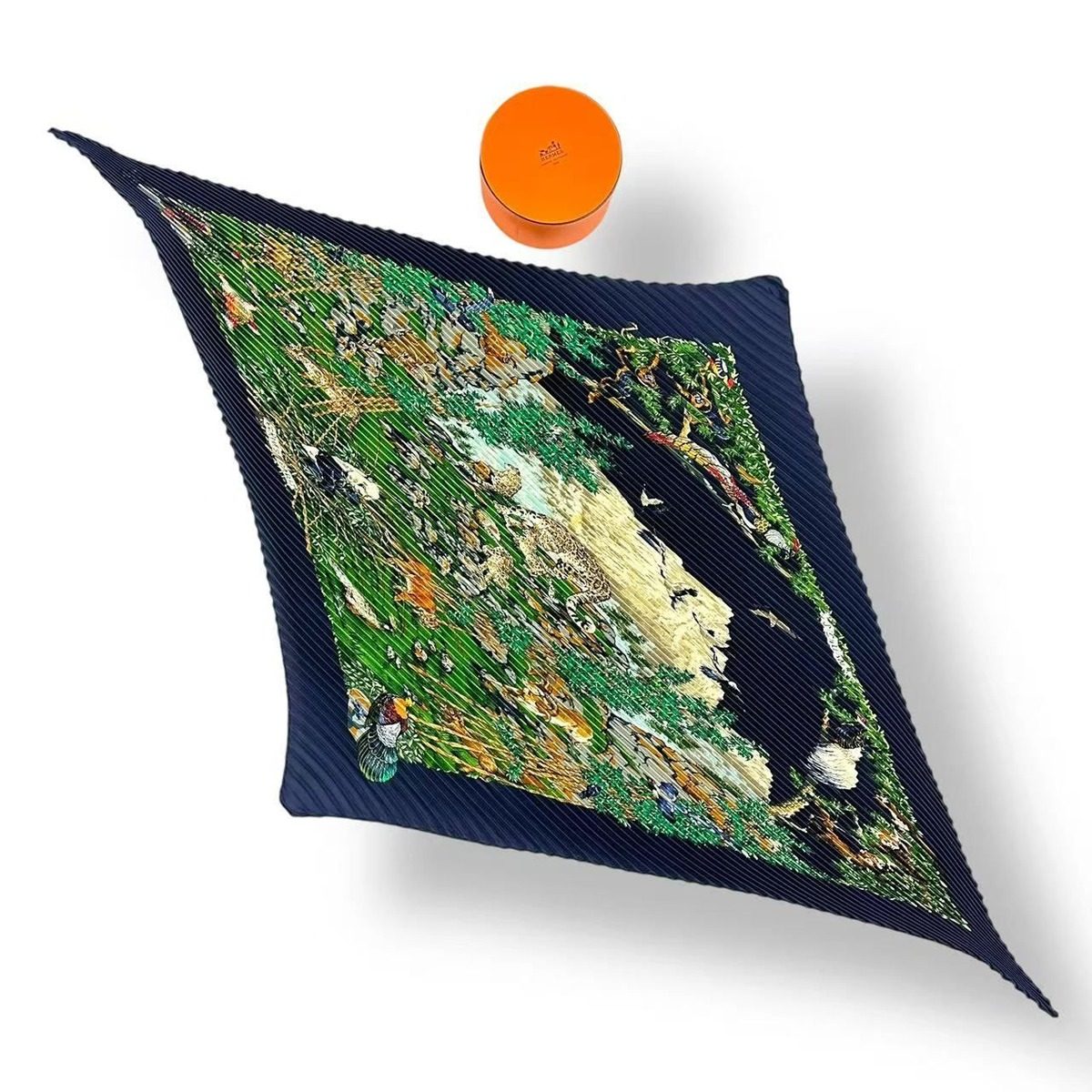 Hermes Scarf Silk Pleats Sichuan Navy