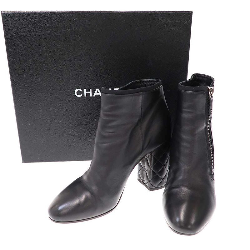 Chanel Quilted Coco Mark Heeled Short Boots Black 38