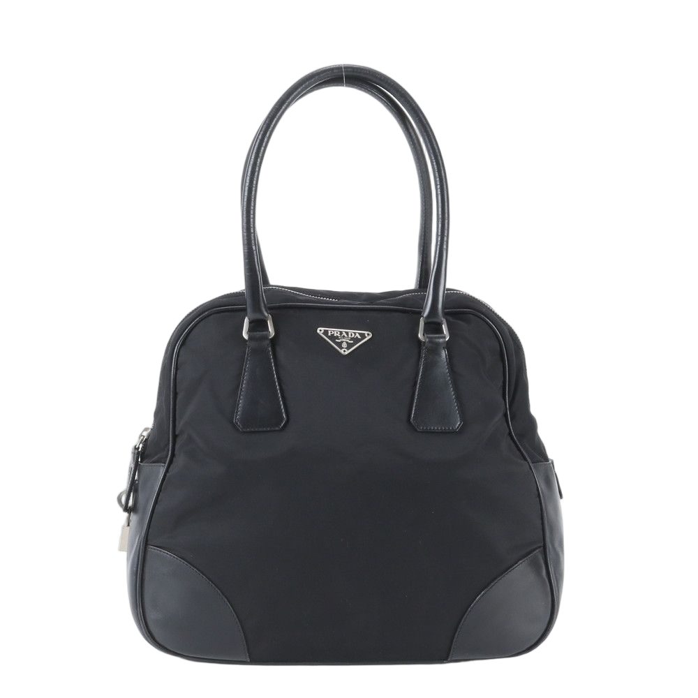Prada Tessuto Nylon Triangle Logo Leather Handbag Tote Black
