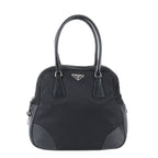 Prada Tessuto Nylon Triangle Logo Leather Handbag Tote Black