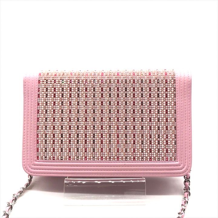 Chanel CC Logo Rhinestone Chain Wallet Shoulder Bag Pink — view 3