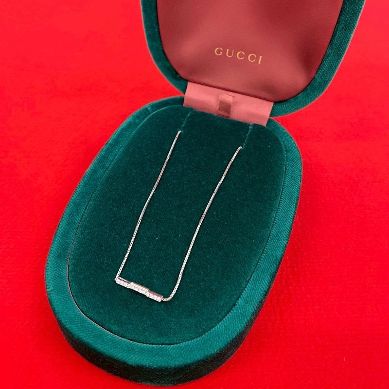 Gucci Link To Love Bar Pendant 18Kwhite Gold Diamond Chain Necklace Silver — view 2
