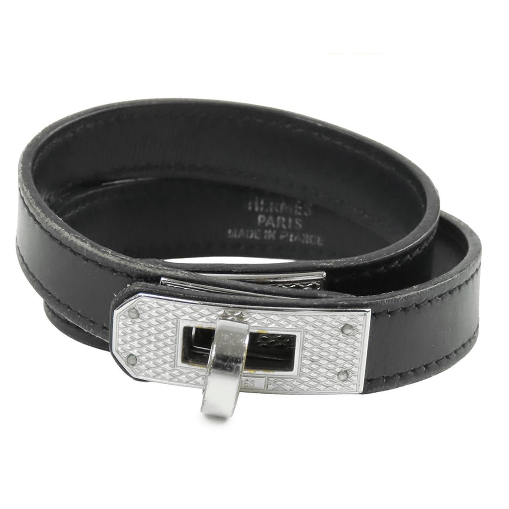 Hermes Kelly Double Tour Black Silver Swift Guilloche Bracelet