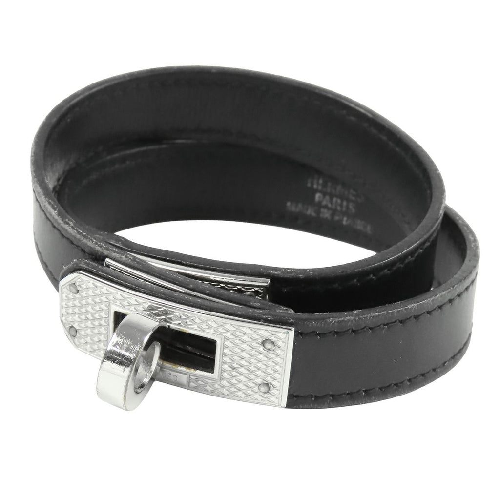 Hermes Kelly Double Tour Black Silver Swift Guilloche Bracelet — view 2